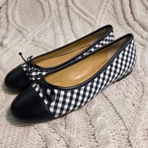 Talbots Ballet Flats Black Gingham Check Cap Toe Bow Leather Sole Womens 8.5 NEW